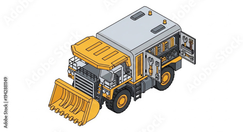 Isometric illustration of a yellow mining truck with an open engine compartment and side doors revealing internal machinery.