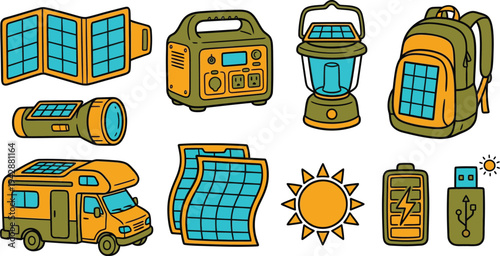Portable off grid solar elements with foldable charger power station camping lantern in rugged orange yellow olive green cyan blue for outdoor energy branding design