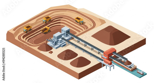 Isometric illustration of an open-pit mine with trucks, conveyor belts, and a train for transporting extracted materials.