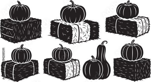 Black and white illustration of pumpkins on hay bales