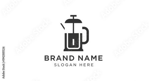 Minimalist black and white logo design featuring a French press coffee maker and placeholder text for brand name and slogan.
