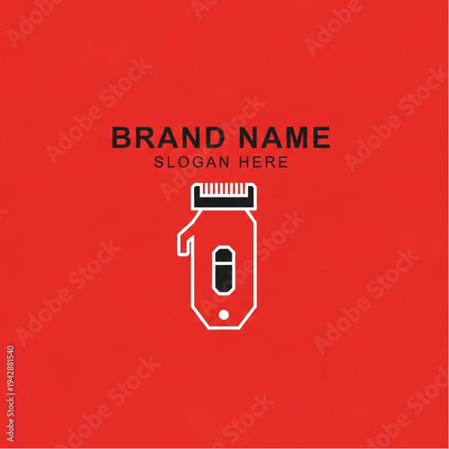 Minimalist line art icon of a hair clipper with brand name and slogan on a red background.