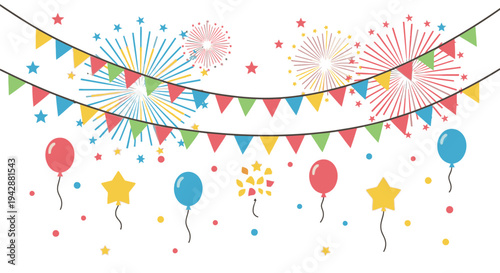 Colorful party decorations hang with balloons and fireworks exploding