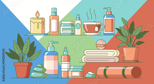 A serene spa setup with towels, toiletries, and plants on display indoors