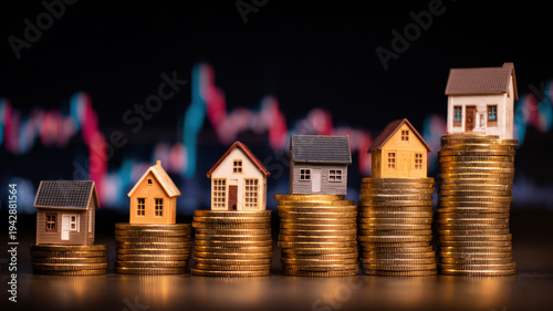 Wallpaper Mural Real estate business market, house home building purchase sale. A row of miniature houses perched atop a stack of coins, with a blurred stock market chart in the background. Torontodigital.ca