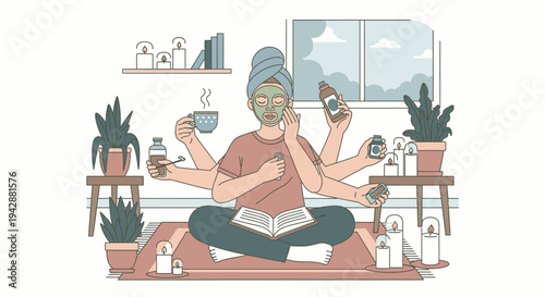 A woman practices yoga on a mat while multitasking with her phone, book, and face mask at home.