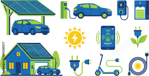 Integrated solar electric mobility illustrations with solar carport EV charger battery in vibrant electric blue lime green yellow for sustainable transportation branding design