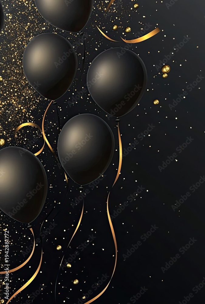 Fototapeta premium Black balloons with gold ribbons and sparkles on dark background