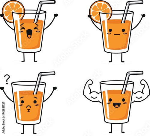 Cute Orange Juice Character Illustration Set Featuring Funny Cartoon Drink Mascots with Different Emotions and Expressions