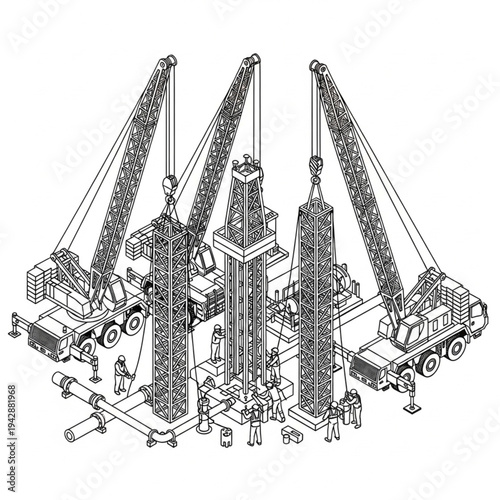 Industrial construction scene with three cranes lifting heavy equipment and workers overseeing the operation.