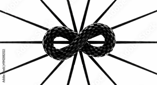Abstract black infinity symbol formed by a textured snake pattern radiating lines