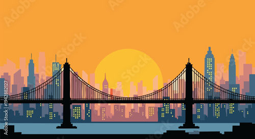 Vibrant Flat Design Cityscape with Suspension Bridge Silhouette at Sunset, Reflecting on Water with Orange Sky and Modern Buildings Vector Illustration