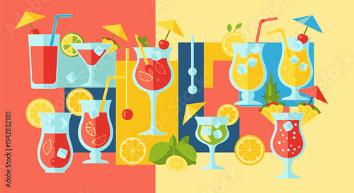 A vibrant illustration of assorted colorful cocktails with umbrellas and fruits on a multicolored background