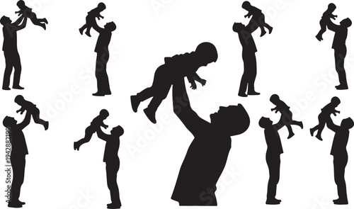 Silhouettes of fathers holding babies in playful loving moments