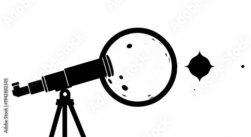 Silhouette of a telescope focusing on the moon and distant stars in the night sky.