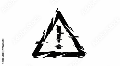 Glitchy warning sign with exclamation mark creates a sense of digital alert and danger.