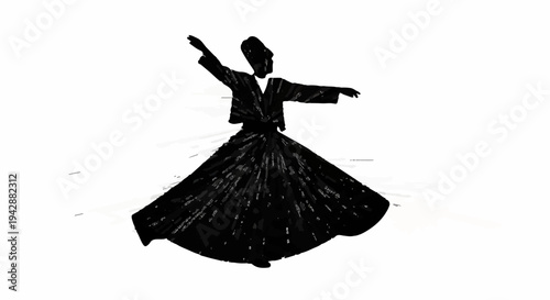 Silhouette of a whirling dervish in traditional clothing, spinning with graceful movement.