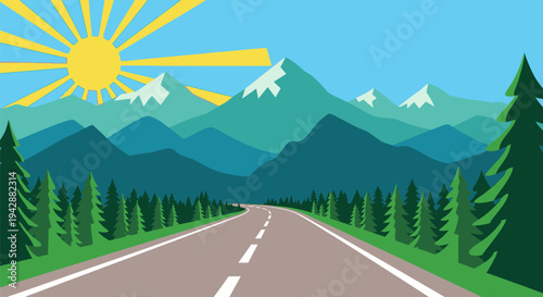 A serene mountain road winds through evergreen trees under a sunny sky with snow-capped peaks in the distance viewed from a driver's perspective