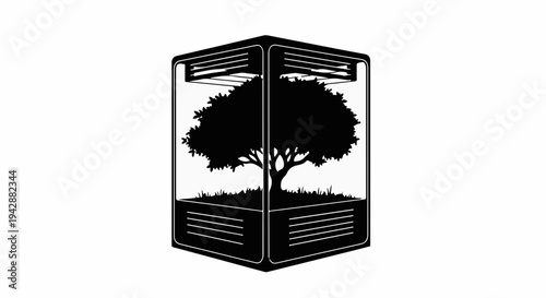 Silhouette of a lush tree growing inside a modern, illuminated grow tent.