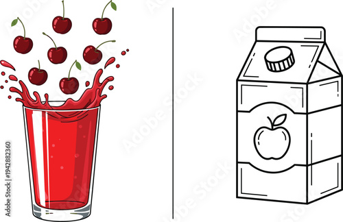 Cherry Juice Splash and Apple Juice Carton Illustration Featuring Fresh Fruit Drink Glass and Beverage Packaging Design