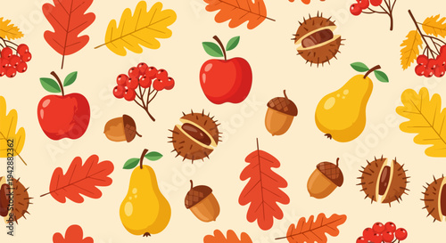 Autumn Harvest Pattern Vector with Red Apples, Yellow Pears, Brown Acorns, Chestnuts, Rowan Berries, and Colorful Oak Leaves on a Light Beige Background for Seasonal Design