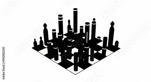 Abstract chess pieces on a board creating a cityscape silhouette against a white background.