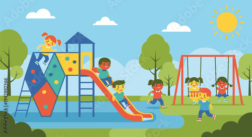 Children play on colorful playground equipment at sunny park