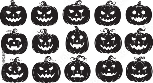 Collection of spooky black jack-o-lanterns on white background