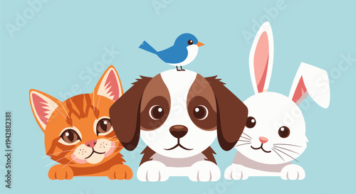 Cute animals cat dog rabbit and bird sitting together on ground outdoors