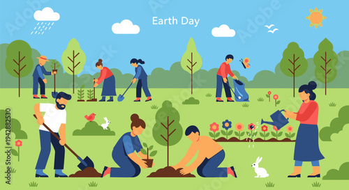 People planting trees and gardening in a park on Earth Day
