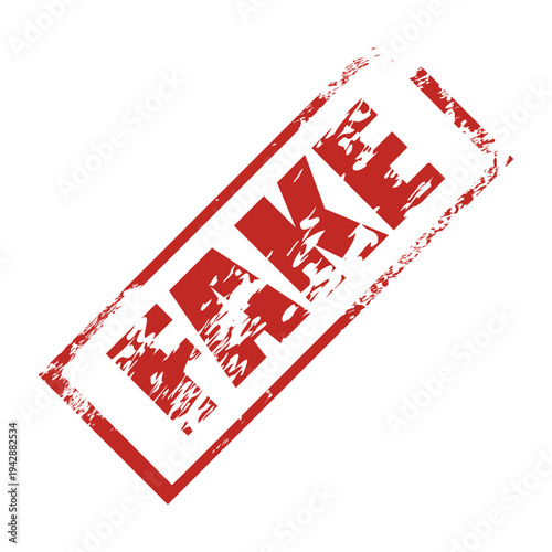 Red Fake stamp isolated on transparent background. Realistic seal with grunge textured. Sticker, header, mark vector design element for fake news, forgery, falsification or scam symbol.