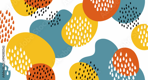 Abstract seamless vector pattern with organic shapes in yellow, orange, and teal, featuring white and black dot textures, ideal for modern backgrounds, fabric, and web design.