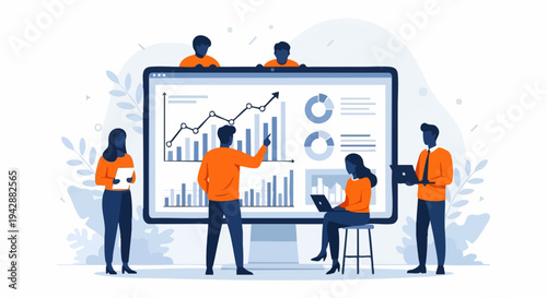 Business people analyzing data on a large computer screen with charts and graphs, representing financial growth, market analysis, and strategic planning in a modern vector illustration.