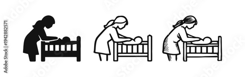 Mother taking care of baby in a crib icon set.