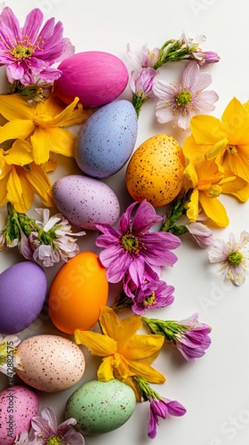 Vibrant Easter composition with pastel-colored speckled eggs nestled among bright yellow daffodils and pink spring blossoms, creating a festive seasonal arrangement
