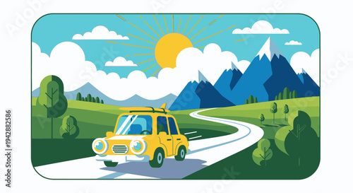 A yellow car drives on a winding road through a scenic landscape with mountains and trees under a sunny sky with clouds.