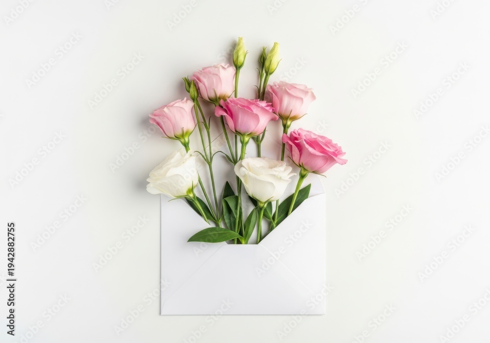 Obraz premium Bouquet of pink and white flowers in an envelope isolated on white background
