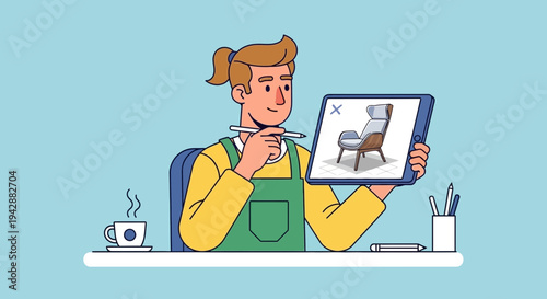 Designer working on a tablet displaying a chair concept, with a stylus and coffee nearby