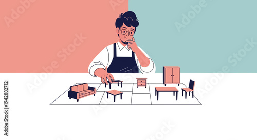 A thoughtful man planning home furniture layout with miniature pieces, suggesting interior design ideas