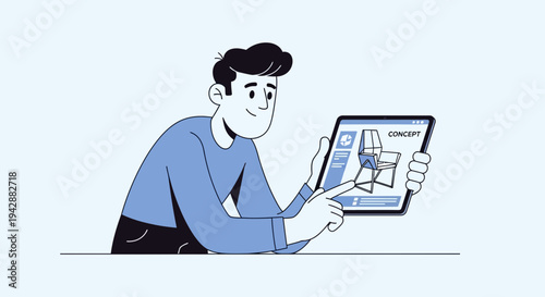 Young designer reviewing furniture concept design on a tablet screen, showcasing innovative product development