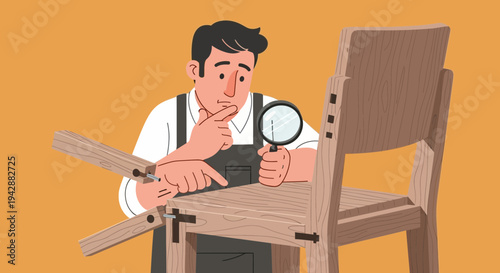 Skilled craftsman meticulously examines chair joinery with a magnifying glass