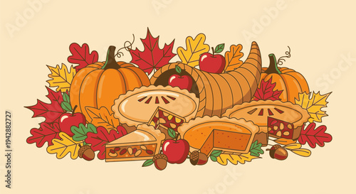 Autumn Harvest Scene with Pumpkins, Leaves, and Sliced Pies on Table