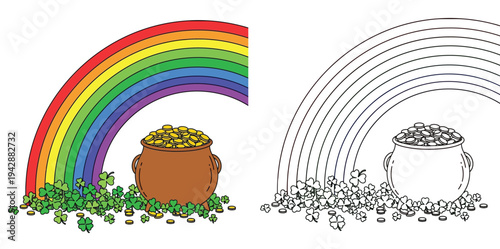 Pot of gold at the end of the rainbow with shamrocks. Colorful illustration and black line art coloring page for St. Patrick's Day. (132 characters)