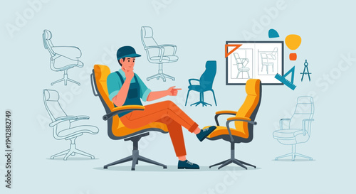 Man in blue overalls choosing an office chair from various designs and blueprints