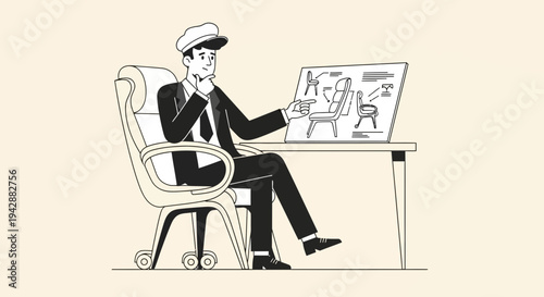 Professional man in suit planning furniture designs at desk with chair sketches