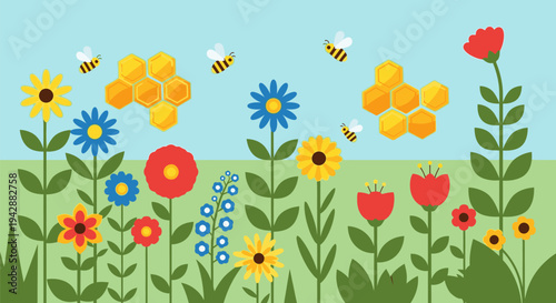 Vibrant flowers bloom in a sunny meadow with bees flying overhead freely.
