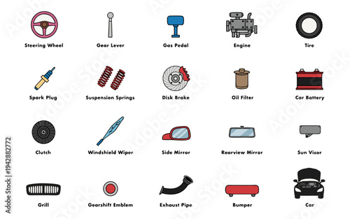 Automobile Parts Collection: An illustrated assortment of automobile components, ideal for automotive enthusiasts and educational materials.
