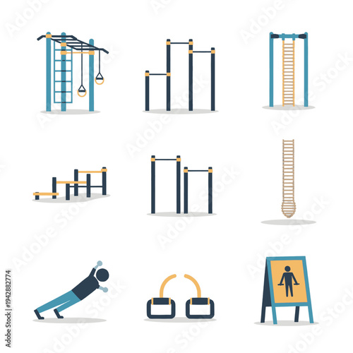Outdoor Gym Equipment Fitness Station Icons.