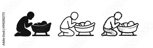 Parent bathing a baby icon set.