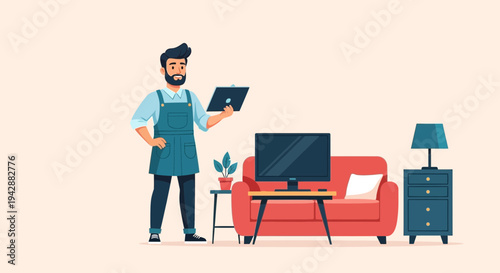 Smiling service technician holding a tablet next to a couch with a television in a living room